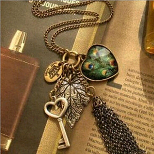 High Quality Retro Peacock Feather Key Necklace
