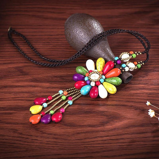 Women Boho Long Natural Stone Tassel Flower Vintage Ethnic Style Statement Necklace