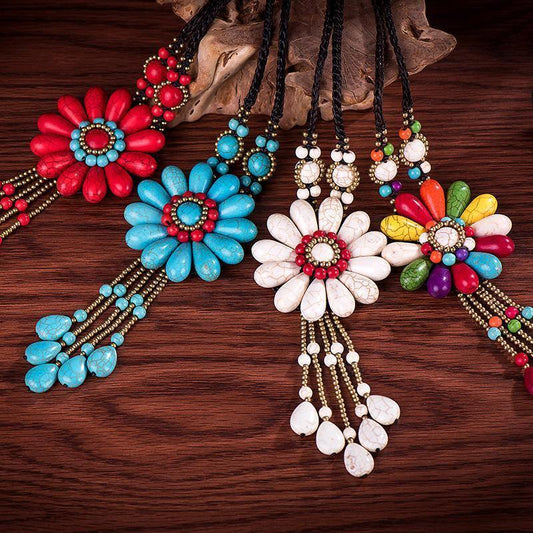 Women Boho Long Natural Stone Tassel Flower Vintage Ethnic Style Statement Necklace