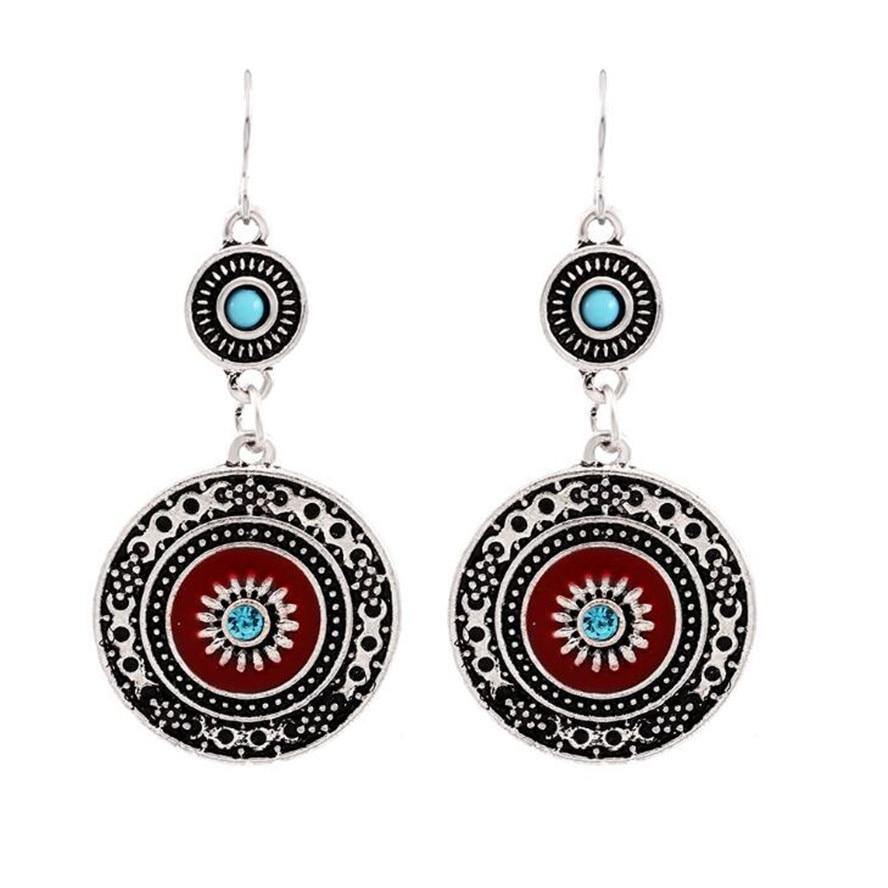 Vintage Hollow Round Pendant Enamel Flower Pattern Sweet Dangle Earrings