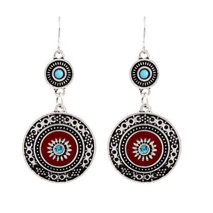 Vintage Hollow Round Pendant Enamel Flower Pattern Sweet Dangle Earrings
