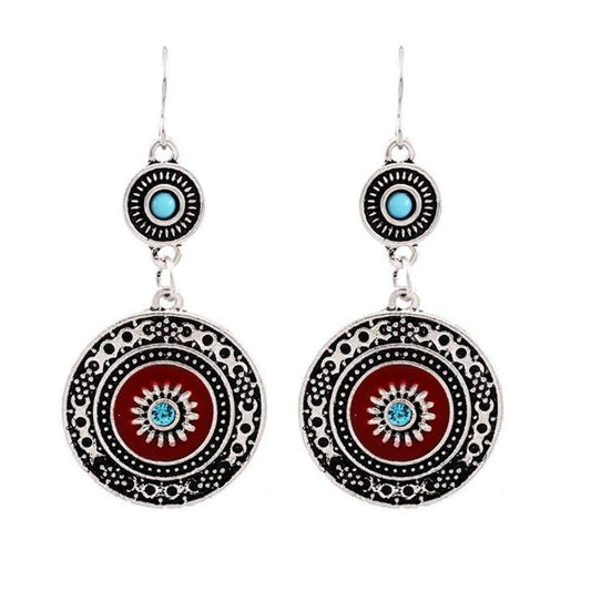 Vintage Hollow Round Pendant Enamel Flower Pattern Sweet Dangle Earrings