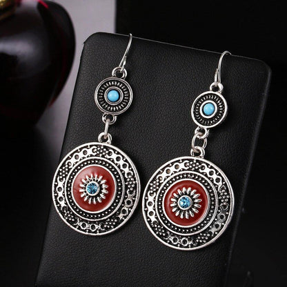 Vintage Hollow Round Pendant Enamel Flower Pattern Sweet Dangle Earrings