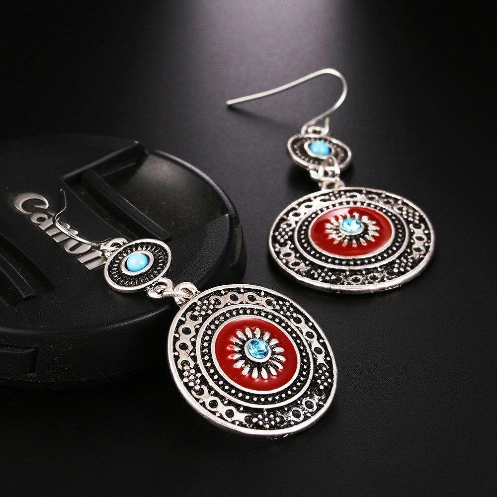 Vintage Hollow Round Pendant Enamel Flower Pattern Sweet Dangle Earrings