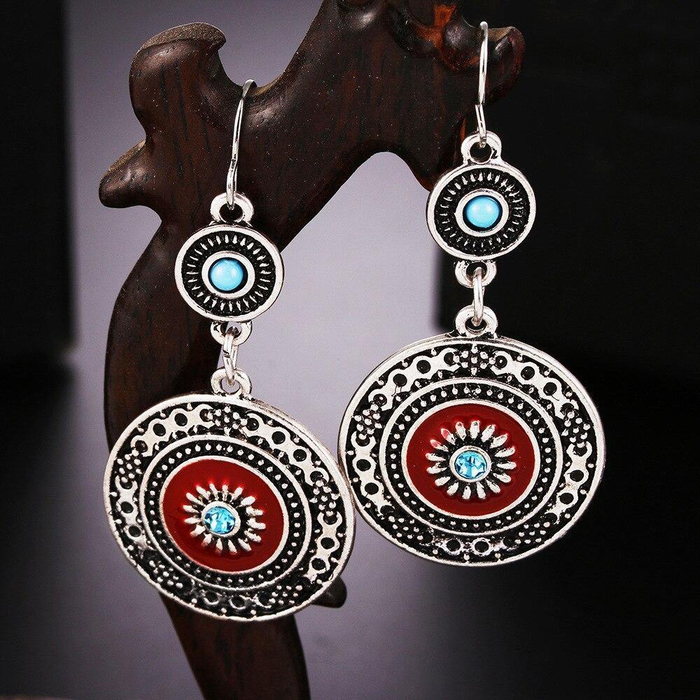 Vintage Hollow Round Pendant Enamel Flower Pattern Sweet Dangle Earrings