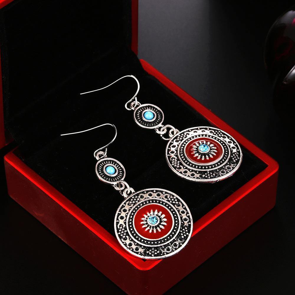 Vintage Hollow Round Pendant Enamel Flower Pattern Sweet Dangle Earrings