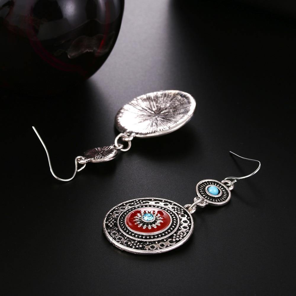 Vintage Hollow Round Pendant Enamel Flower Pattern Sweet Dangle Earrings