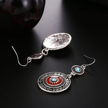 Vintage Hollow Round Pendant Enamel Flower Pattern Sweet Dangle Earrings