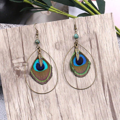 Boho Vintage Feather Peacock Metal Circle Earring Jewelry