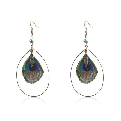 Boho Vintage Feather Peacock Metal Circle Earring Jewelry