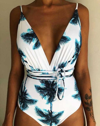 Solid Color Sexy Deep V One Piece Swimsuit  Backless Bodysuit Monokini Swimwear