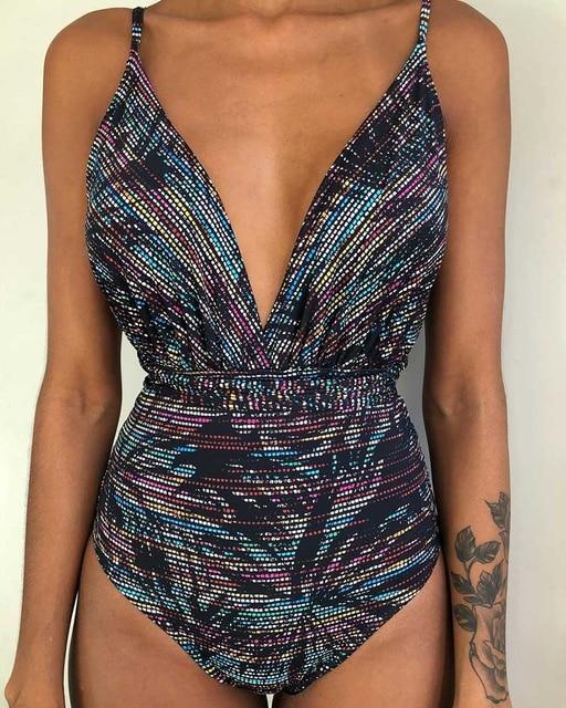 Solid Color Sexy Deep V One Piece Swimsuit  Backless Bodysuit Monokini Swimwear