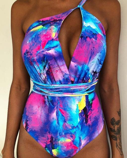 Solid Color Sexy Deep V One Piece Swimsuit  Backless Bodysuit Monokini Swimwear