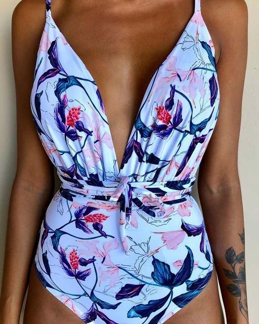 Solid Color Sexy Deep V One Piece Swimsuit  Backless Bodysuit Monokini Swimwear