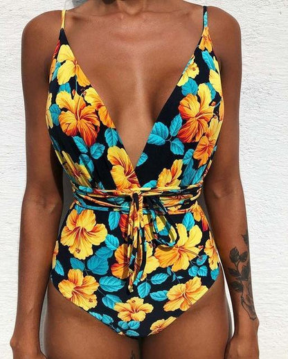 Solid Color Sexy Deep V One Piece Swimsuit  Backless Bodysuit Monokini Swimwear