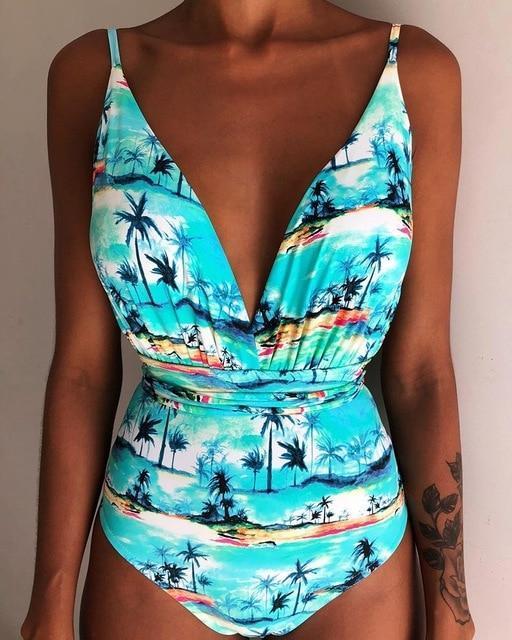 Solid Color Sexy Deep V One Piece Swimsuit  Backless Bodysuit Monokini Swimwear