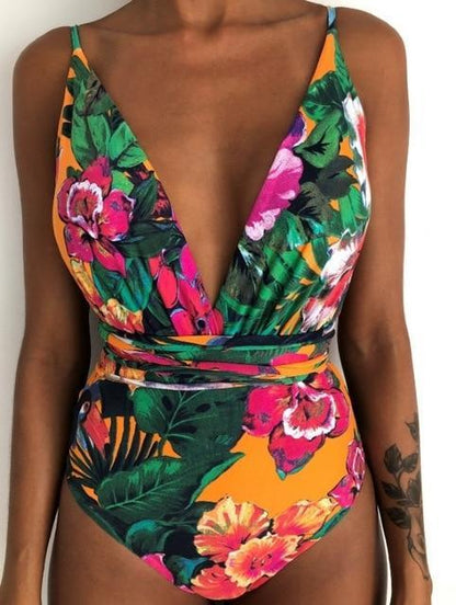 Solid Color Sexy Deep V One Piece Swimsuit  Backless Bodysuit Monokini Swimwear