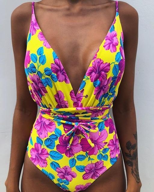 Solid Color Sexy Deep V One Piece Swimsuit  Backless Bodysuit Monokini Swimwear