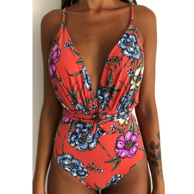 Solid Color Sexy Deep V One Piece Swimsuit  Backless Bodysuit Monokini Swimwear