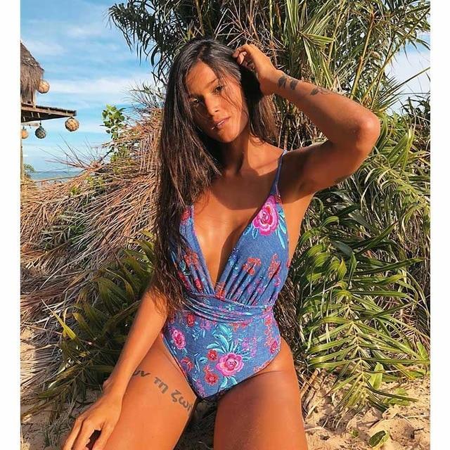 Solid Color Sexy Deep V One Piece Swimsuit  Backless Bodysuit Monokini Swimwear
