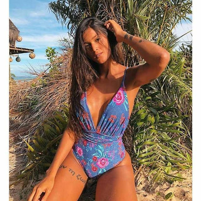 Solid Color Sexy Deep V One Piece Swimsuit  Backless Bodysuit Monokini Swimwear