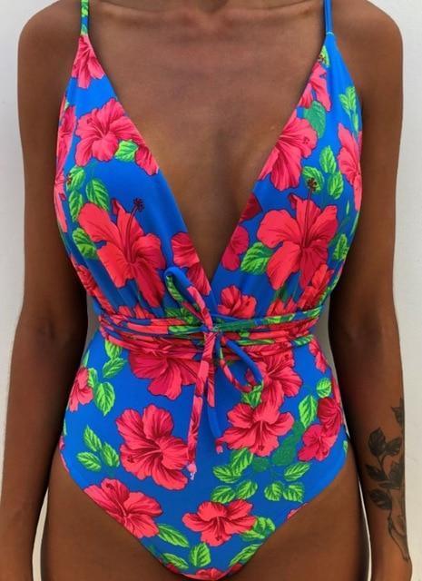 Solid Color Sexy Deep V One Piece Swimsuit  Backless Bodysuit Monokini Swimwear