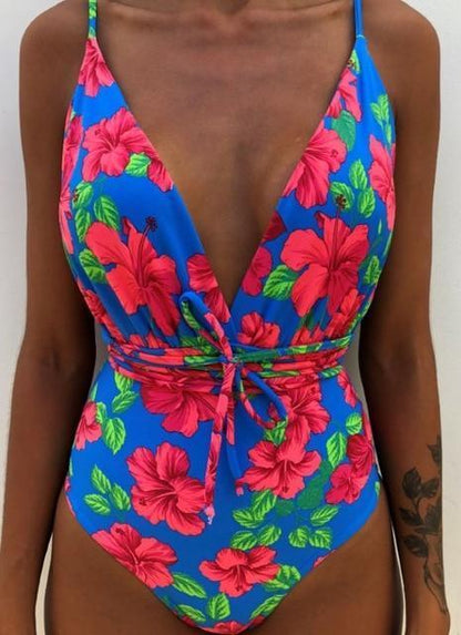 Solid Color Sexy Deep V One Piece Swimsuit  Backless Bodysuit Monokini Swimwear