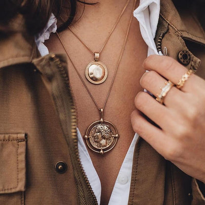 Ailend Pendant Necklace Bohemian Female Double-Layer Necklace Retro Gold Carved Coin Necklace Jewelry