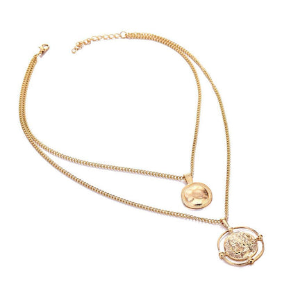 Ailend Pendant Necklace Bohemian Female Double-Layer Necklace Retro Gold Carved Coin Necklace Jewelry