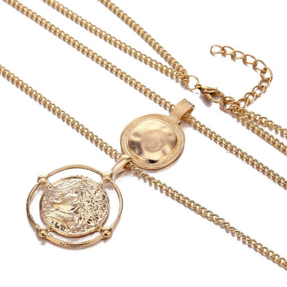 Ailend Pendant Necklace Bohemian Female Double-Layer Necklace Retro Gold Carved Coin Necklace Jewelry