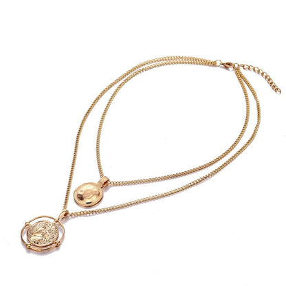 Ailend Pendant Necklace Bohemian Female Double-Layer Necklace Retro Gold Carved Coin Necklace Jewelry