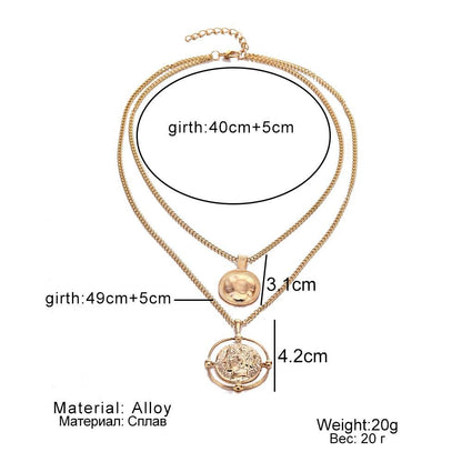 Ailend Pendant Necklace Bohemian Female Double-Layer Necklace Retro Gold Carved Coin Necklace Jewelry