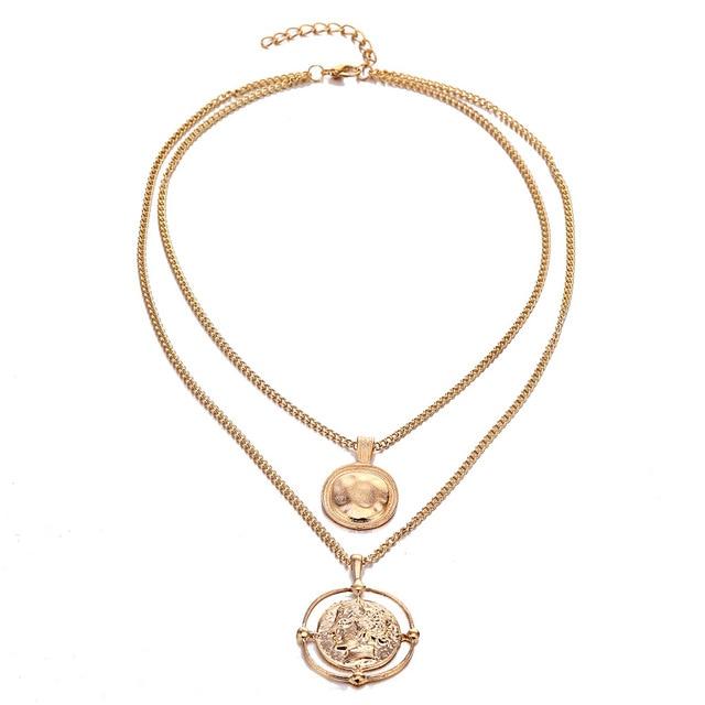 Ailend Pendant Necklace Bohemian Female Double-Layer Necklace Retro Gold Carved Coin Necklace Jewelry
