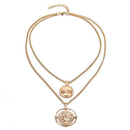Ailend Pendant Necklace Bohemian Female Double-Layer Necklace Retro Gold Carved Coin Necklace Jewelry