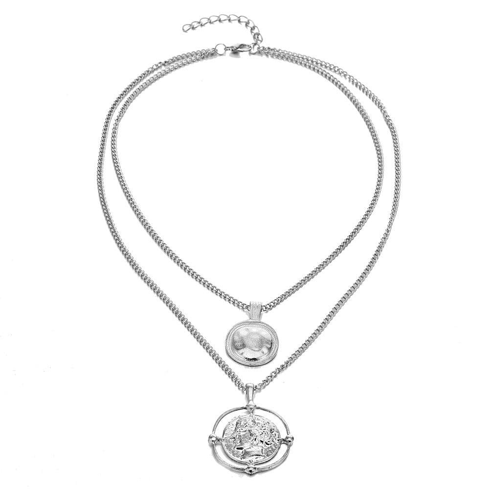 Ailend Pendant Necklace Bohemian Female Double-Layer Necklace Retro Gold Carved Coin Necklace Jewelry