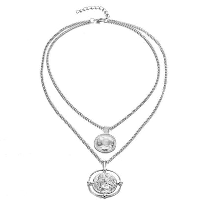 Ailend Pendant Necklace Bohemian Female Double-Layer Necklace Retro Gold Carved Coin Necklace Jewelry