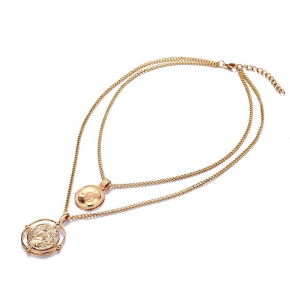 Ailend Pendant Necklace Bohemian Female Double-Layer Necklace Retro Gold Carved Coin Necklace Jewelry