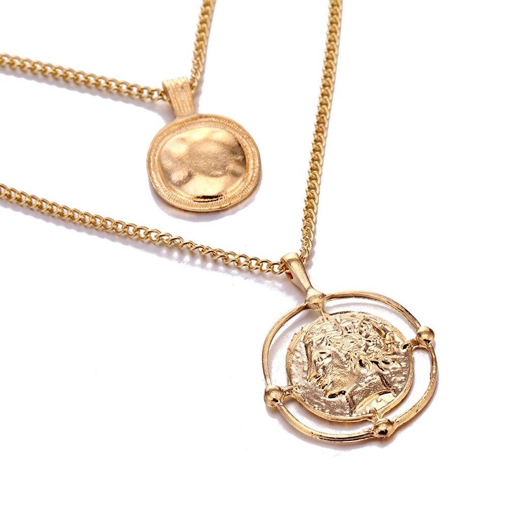 Ailend Pendant Necklace Bohemian Female Double-Layer Necklace Retro Gold Carved Coin Necklace Jewelry