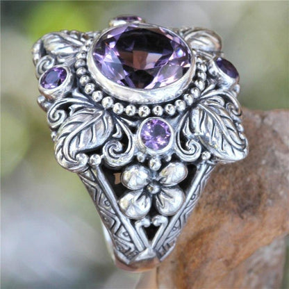 Vintage Boho Flower Purple Crystal Finger Ring Bohemian Jewelry