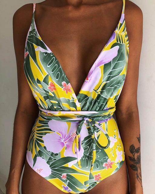 Solid Color Sexy Deep V One Piece Swimsuit  Backless Bodysuit Monokini Swimwear