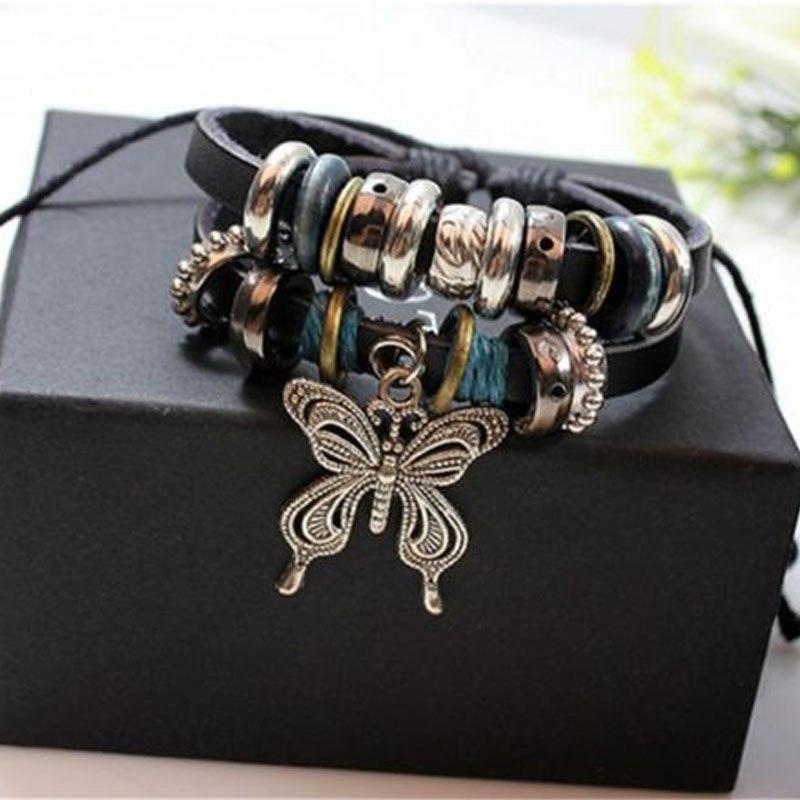 1Pcs Fashion Women Men Vintage Multilayer Butterfly Wood Bead Leather Braided Strand Bracelet