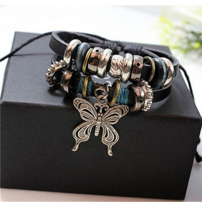 1Pcs Fashion Women Men Vintage Multilayer Butterfly Wood Bead Leather Braided Strand Bracelet