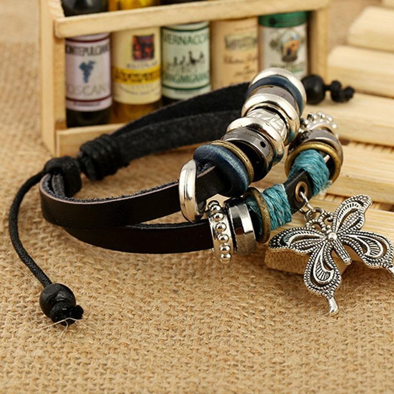 1Pcs Fashion Women Men Vintage Multilayer Butterfly Wood Bead Leather Braided Strand Bracelet