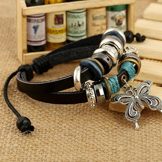 1Pcs Fashion Women Men Vintage Multilayer Butterfly Wood Bead Leather Braided Strand Bracelet