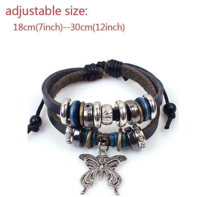 1Pcs Fashion Women Men Vintage Multilayer Butterfly Wood Bead Leather Braided Strand Bracelet