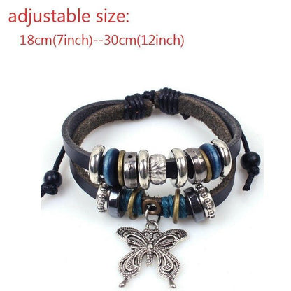 1Pcs Fashion Women Men Vintage Multilayer Butterfly Wood Bead Leather Braided Strand Bracelet