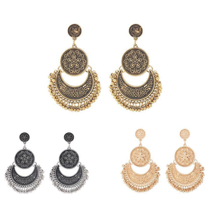 3 Colors Bohemian Indian Antique Moon Shape Carved Flower Tassels Earrings