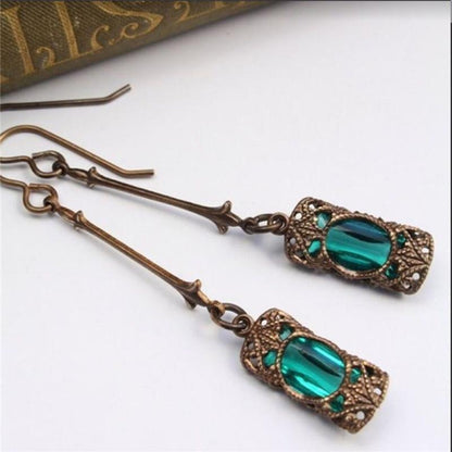 Long Blue Green Stone Dangle Women Bohemian Jewelry Antique Drop Earrings