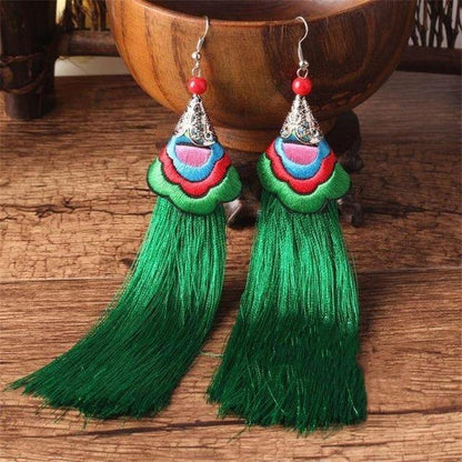 Ethnic Tibet Embroidery Long Tassel Drop Retro Bohemia Handmade Tassel Earrings