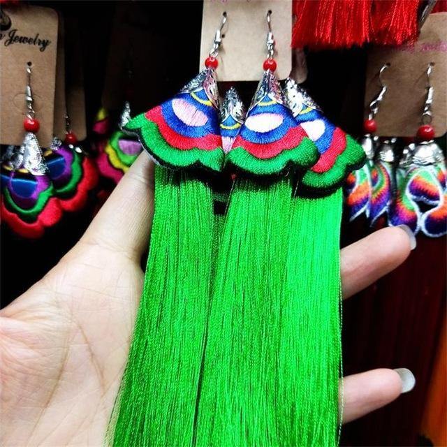 Ethnic Tibet Embroidery Long Tassel Drop Retro Bohemia Handmade Tassel Earrings